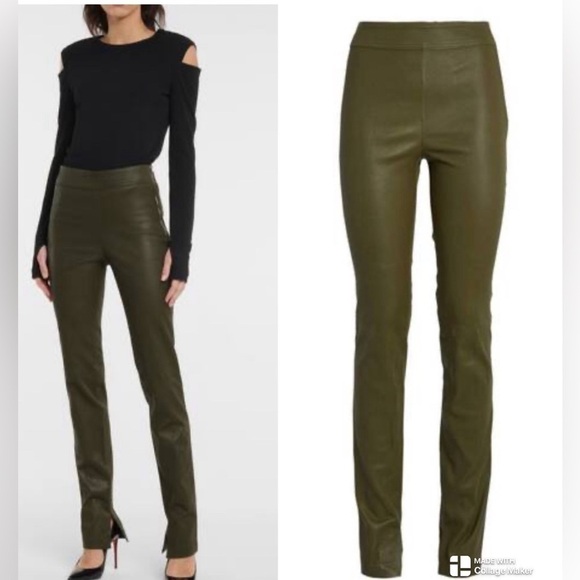 Helmut Lang women dark olive khaki lamb leather flare pants NWT - Picture 1 of 9